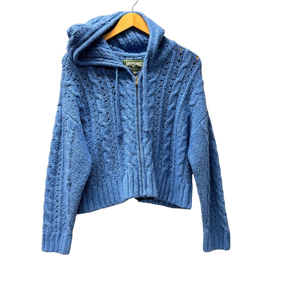 American Eagle Sweater Womens Medium Blue Fuzzy Cable Knit Hooded‎ Full Zip